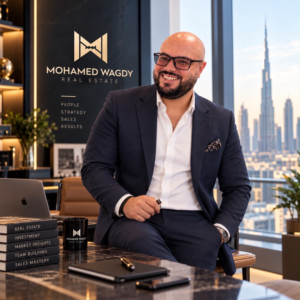 Mohamed Wagdy seated in his Dubai office with the MW logo